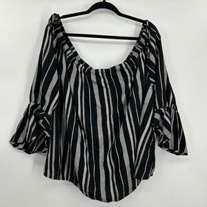 Lane Bryant Womens 22/24 Black White Striped Off Shoulder Bell Sleeve Top Boho